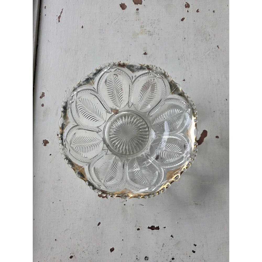 Antique Gold Trimmed Cut Glass Candy Dish Scalloped Feather Pattern Round Bowl